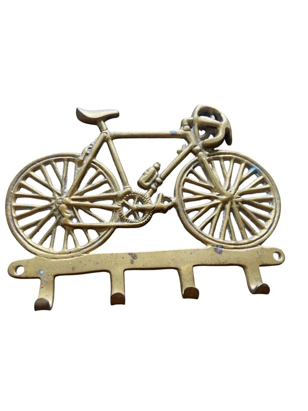 Vintage Brass Bicycle Key Holder Wall Mount 4 Hook Racing Bike Decor